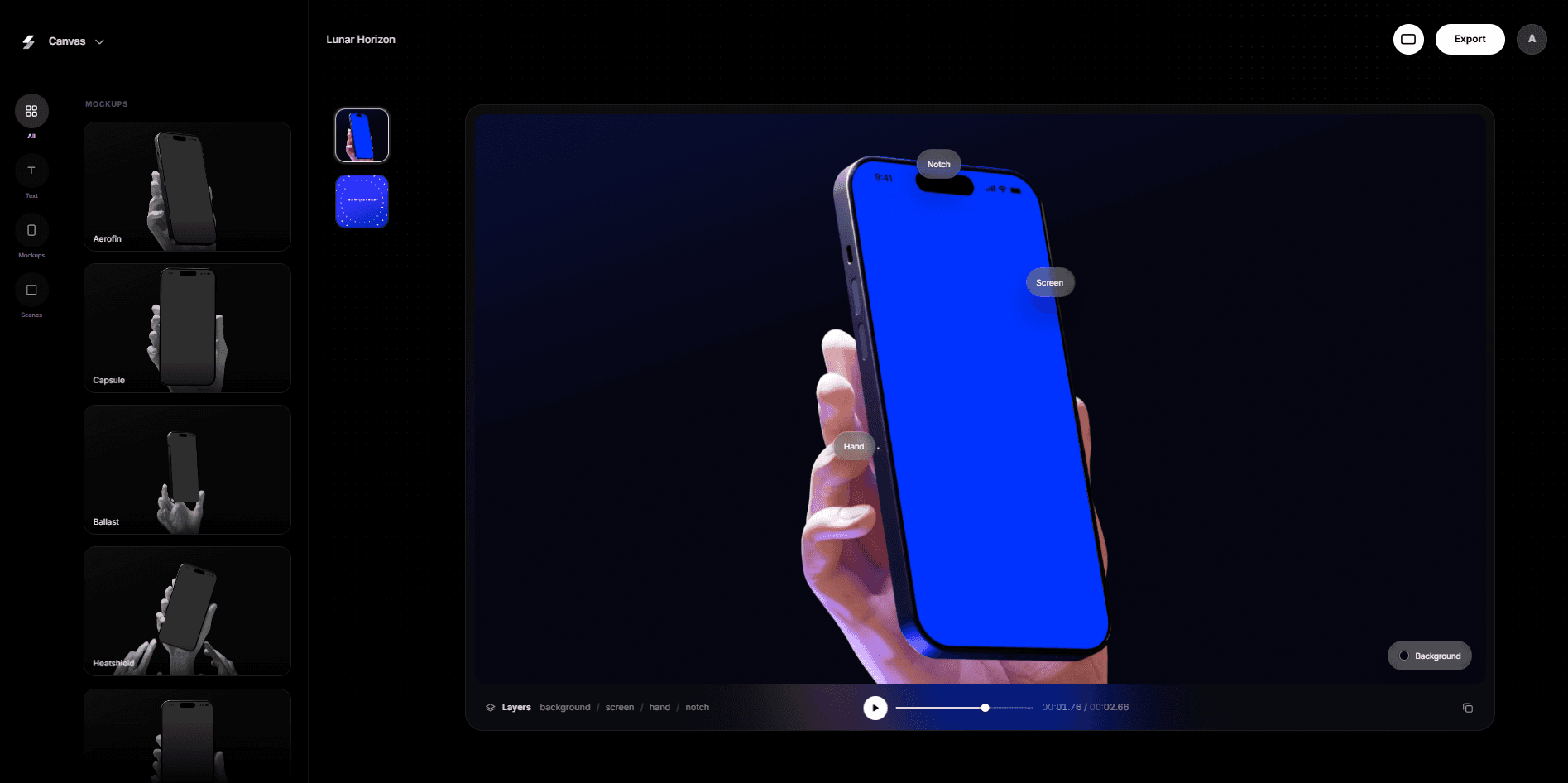 Slate video editor showing a hand-held phone shot and editable layers